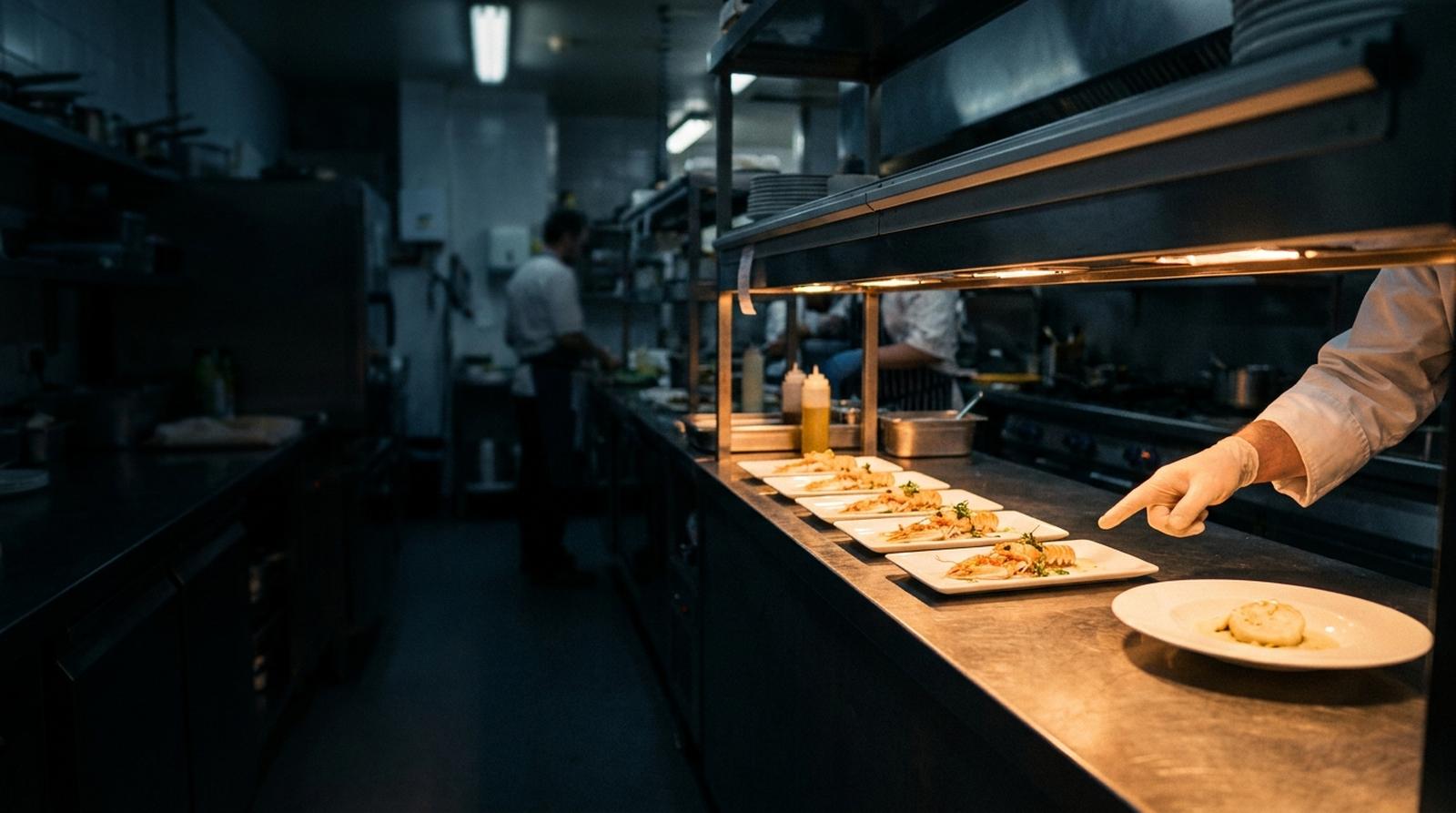 Langoustine plates on the steel pass under heat lamps, one celeriac plate at the end, a chef's gloved hand pointing at it.